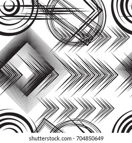 Seamless pattern with lines, squares, arrows, triangles, circles.
 unusual minimalistic poster with striped Design elements .Black Vector stripes .Geometric shape. Dynamic geometrical Endless texture.