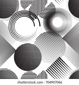 Seamless pattern with lines, squares, arrows, triangles, circles.
 unusual minimalistic poster with striped Design elements .Black Vector stripes .Geometric shape. Dynamic geometrical Endless texture.