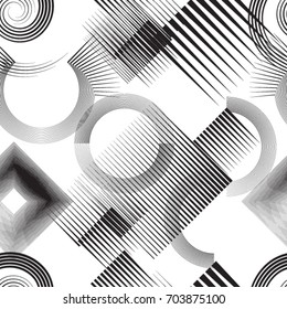 Seamless pattern with lines, squares, circles.
 unusual minimalistic poster with striped Design elements .Repeating Black Vector stripes .Geometric shape. Dynamic geometrical Endless overlay texture.
