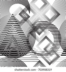 Seamless pattern with lines, squares, circles.
 unusual minimalistic poster with striped Design elements .Repeating Black Vector stripes .Geometric shape. Dynamic geometrical Endless overlay texture.