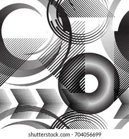 Seamless pattern with lines, squares, circles.
 unusual minimalistic poster with striped Design elements .Repeating Black Vector stripes .Geometric shape. Dynamic geometrical Endless overlay texture.