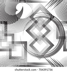 Seamless pattern with lines, squares, circles.
 unusual minimalistic poster with striped Design elements .Repeating Black Vector stripes .Geometric shape. Dynamic geometrical Endless overlay texture.