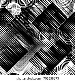Seamless pattern with lines, squares, circles.
 unusual minimalistic poster with striped Design elements .Repeating Black Vector stripes .Geometric shape. Dynamic geometrical Endless overlay texture.