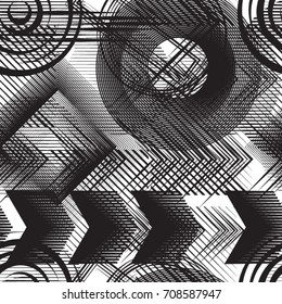 Seamless pattern with lines, squares, circles.
 unusual minimalistic poster with striped Design elements .Repeating Black Vector stripes .Geometric shape. Dynamic geometrical Endless overlay texture.