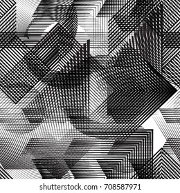 Seamless pattern with lines, squares, circles.
 unusual minimalistic poster with striped Design elements .Repeating Black Vector stripes .Geometric shape. Dynamic geometrical Endless overlay texture.