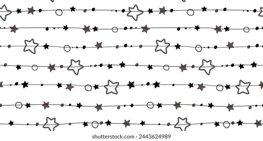 Seamless pattern with lines and stars and dots strung on them. Abstract monochrome print hand draw. Vector graphics.