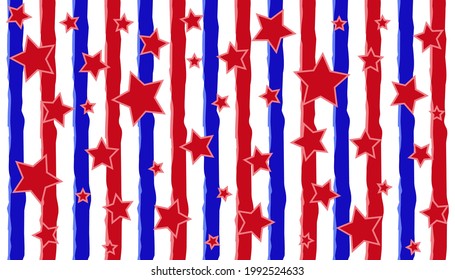 Seamless pattern with lines and stars in red blue and white colors. Abstract vector illustration. Backgroundfor prints, textile, fabric, package, cover, greeting card.