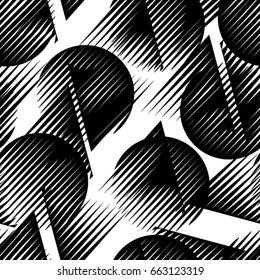 Seamless pattern with lines.unusual poster Design with circles and triangles .Black Vector stripes .Geometric shape.Endless texture