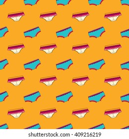 Seamless pattern of lingerie on an orange background, panties, baby panties, knitted panties