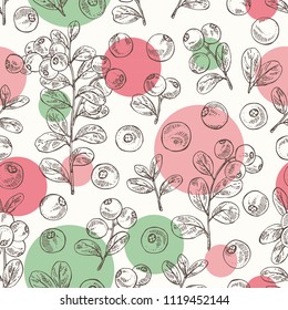 Seamless pattern with lingonberries: and branch of lingonberries and leaves. Vector hand drawn illustration