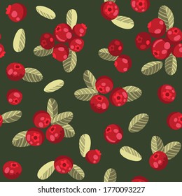 Seamless pattern with lingonberry on a dark green background. Hand drawn forest berries. Vector illustration of red berries in cartoon flat style