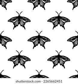 Seamless pattern with lino cut butterfly silhouettes. Wood cut moths. Background with hand made stamp for printing with natural texture. Vector illustration
