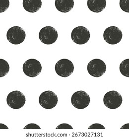 Patrón sin fisuras con lunares de linograbado. Fondo sin fin monocromo de carbón. Cubierta de repetición de puntos grunge blanco y negro. Motivo geométrico de diseño de patrón de superficie. Ilustración vectorial.