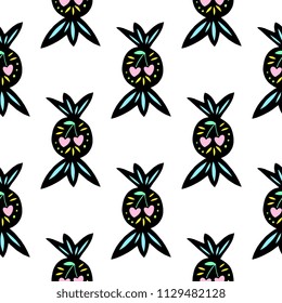 Seamless pattern - Linocut style sweets and candy treats illustrations, isolated on white background. Trendy hand drawn design for wrapping paper, textile, packaging.  