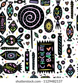 Seamless pattern - Linocut style sweets and candy treats illustrations, isolated on white background. Trendy hand drawn design for wrapping paper, textile, packaging.  