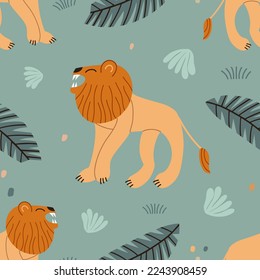 Seamless pattern with a lion. Children's fashion background for textiles, wallpaper and wrapping paper.