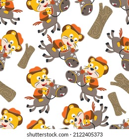 Seamless pattern of lion  the cowboy riding a brown horse, T-Shirt Design for children. Design elements for kids.