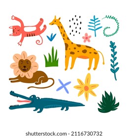Seamless pattern of lion, crocodile, giraffe and zebra cute animal in childish style isolated on white background.