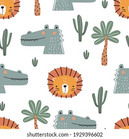 Seamless pattern with lion cub, crocodile, palm trees and cacti on a white background. Vector illustration for printing on packaging paper, fabric, postcard, clothing. Cute children's background