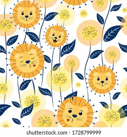 Seamless pattern with lion. Cute lion with flowers on a white background. Funny dandelion flowers. Vector illustration for children, postcards, invitations, posters, clothing, stickers, baby shower.