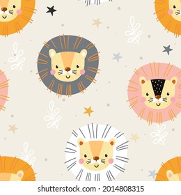 Seamless pattern with lion. Cute little lion cartoon style. Vector pattern.