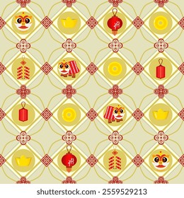 Seamless Pattern with Lion Dance, Lanterns, and Gold Elements in the theme of Chinese New Year Festival