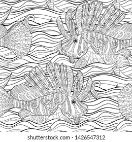 Seamless pattern with lion fish in patterned style for coloring book. Black white hand drawn background with the rare reef fish in waves . Sketch for cover, poster, print, t-shirt. Vector illustration