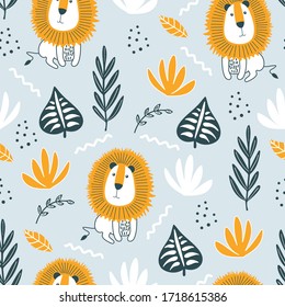 Seamless pattern with lion and hand drawn elements. Creative vector childish background for fabric, textile