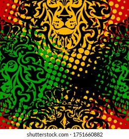 Seamless pattern with lion head with cannabis marijuana leaves on black background. Vector illustration. Rastaman style