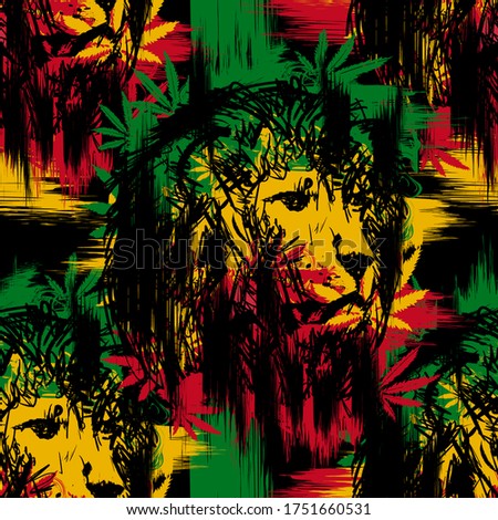 Seamless pattern with lion head with cannabis marijuana leaves on black background. Vector illustration. Rastaman style