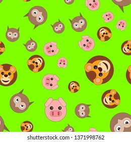 Seamless pattern of lion head pigs and owls. Vector illustration in cartoon style on a colored background.