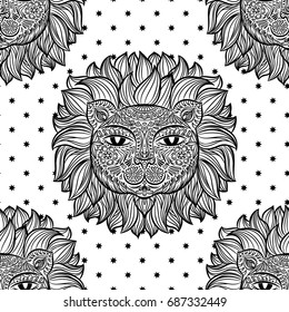 Seamless pattern with a lion head and stars on a white background. Hand drawn black and white vector pattern. Vector illustration