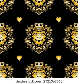 Patrón sin fisuras con cabezas de león y corazones. Color dorado. Ilustración vectorial.