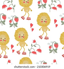 seamless pattern with lion, hearts and flowers