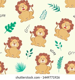 Seamless pattern with lion, leaves, branches and words grrr and roar on white background. For decoration, invitation, fabric and textile print, kids pajamas, wallpapers, gift and wrapping paper.