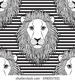 Seamless pattern with lion muzzle on stripe background.