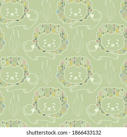 Patrón sin foco, con un león sobre fondo verde y elementos florales decorativos sobre la manga. Ilustración de contorno de vector circular. Ideal para el diseño de las habitaciones para niños, las camas, los carteles, las postales, los niños