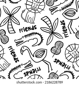 Seamless pattern with lion, palm, flamingo and alligator. Isolated pattern for textile, fabric, stationery, Web and other designs.