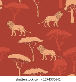 Seamless Pattern with Lion and savanna trees. Hand drawn sketches. Vector Illustration