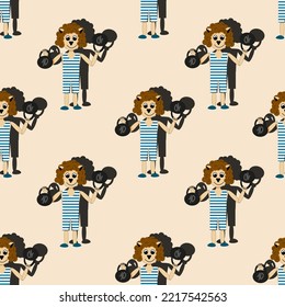 Seamless pattern with a lion in a sports leotard with weights and shadow.