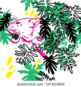 seamless pattern with lion. Lion in the thickets in the jungle. Tropics, summer print.