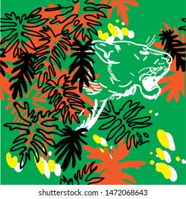 seamless pattern with lion. Lion in the thickets in the jungle. Tropics, summer print.