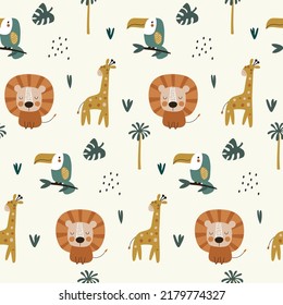 Seamless pattern with lion, toucan, giraffe. Vector illustrations