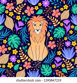 Seamless pattern with lion and tropical flowers on dark background