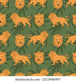 Seamless pattern with lion and tropical leaves on green background. Fashion repeating background for textiles, wallpaper and wrapping paper. Lion endless texture in flat and cartoon style. Vector