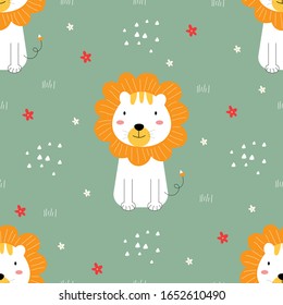 Seamless pattern A lion with a white body sitting Cute animal cartoon characters Used for printing, backgrounds, gift wrap, children's clothing, textiles, vector illustration
