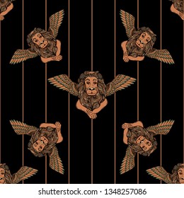 seamless pattern with lion with wings.