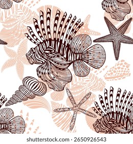Seamless pattern with lionfish, shells, nautiluses and starfish. Colored hand drawn silhouettes and outlines on white. Perfect for design templates, wallpaper, wrapping, fabric, print and textile. 