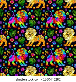 Seamless pattern with lions, bright rainbow animals, flowers and leaves on a dark background
