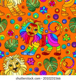 Seamless pattern with lions, bright rainbow animals, flowers and leaves on a orange background